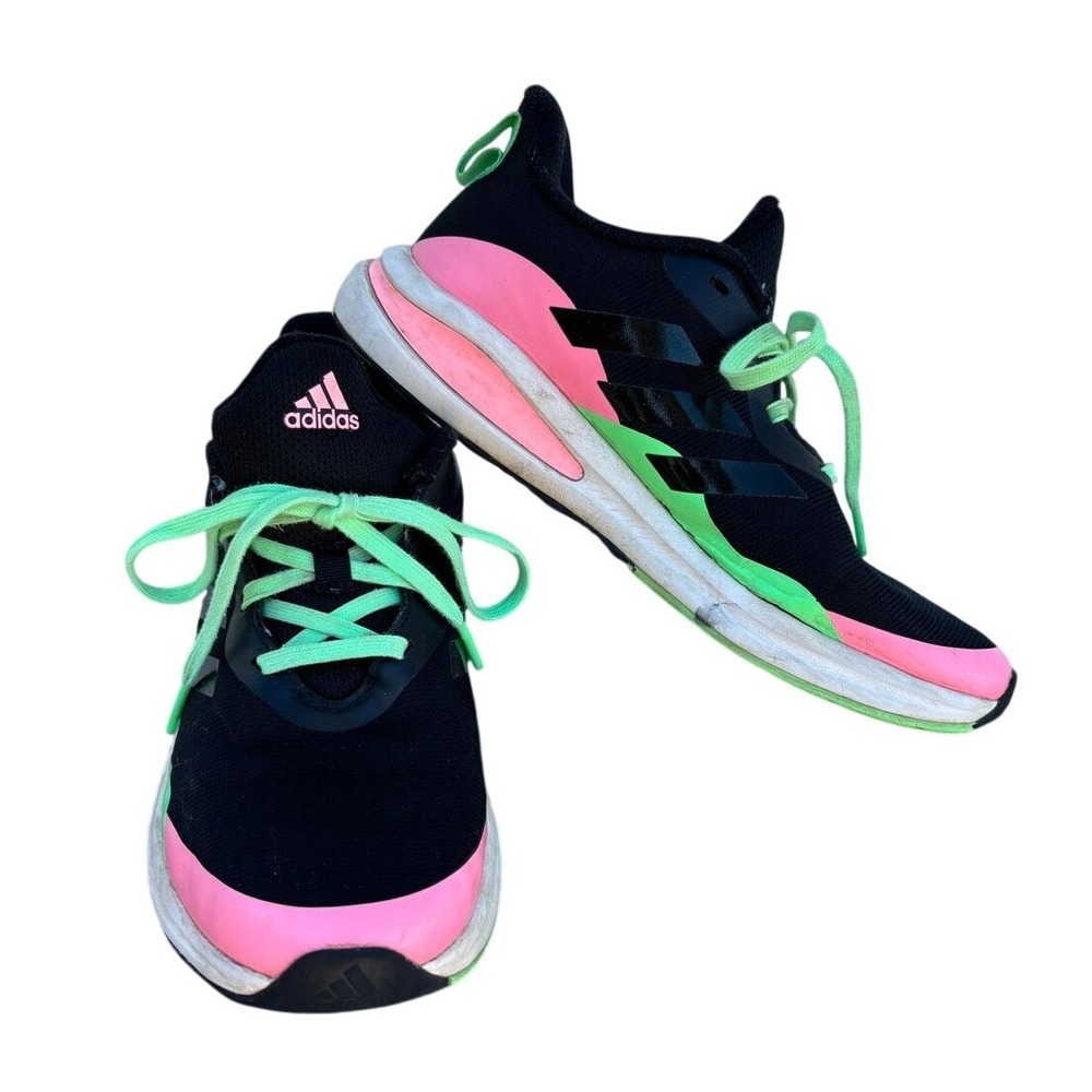 Adidas Girls FortaRun Black & Neon Running Shoes Sneakers, Sz‎ 6